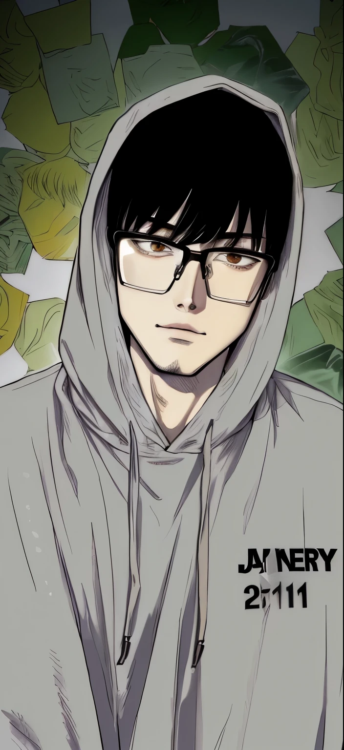 Jay jo, realistic, a close up of a person wearing glasses and a hoodie, kentaro miura manga style, manhwa, kentaro miura manga art style, manga style of kentaro miura, style of junji ito, in a hoodie, junji ito style, miura kentaro style, style of hajime isayama, webtoon, as an anime character