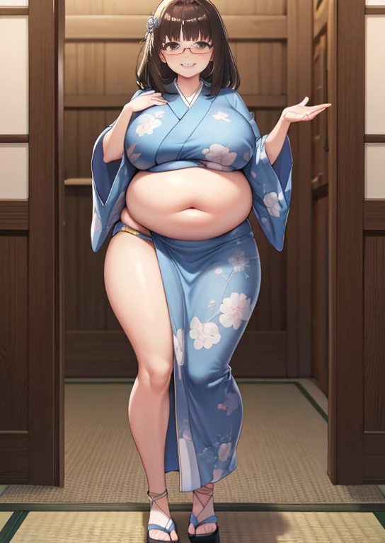 (masterpiece, best quality, highly detailed), 1girls, big belly, huge belly, art by kipteitei, round belly, chubby, curvy, belly grab, enormous belly, fat belly, thicc, bigger belly, really big belly, jiggly belly, glasses, japanese traditional clothes, tight breasts, ((long legs, tall)), high heels, smug face, ((full body)), (dominant)