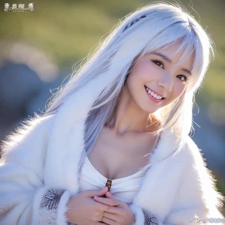 Snowy mountains、White Wolf、 ((highest quality、masterpiece、8k、Best image quality、Ultra-high resolution、Award-winning works)、(Accurate anatomy:1.1)、(Look at me and smile:1.1)、Shining fair skin with Ultra-high resolution、The most detailed face、Ultra-high resolution detailed face、Short, flowing white hair 、Beautiful face drawn in every detail、(Blurred Background:1.1)、 Inuit fur clothing, Chest to chest, A real wolf next to a girl 