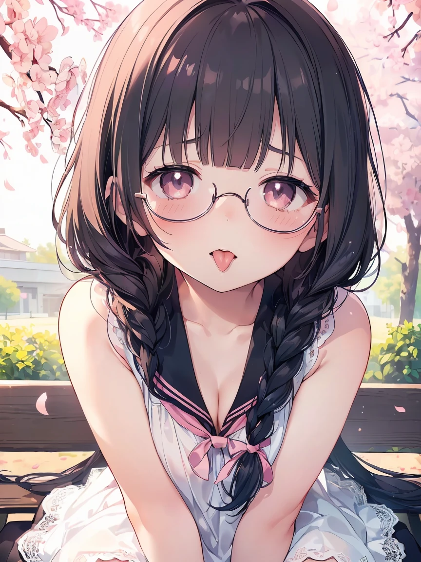 Very detailed, highest quality, High resolution, Moe Anime, ((A cute elementary school girl with black hair and droopy eyes)), ((Wearing large round glasses:1.4)), (Baby Face), Cute eyes, Detailed eye depiction, Sparkle in the eyes, View your viewers, Pale skin, (Big eyes:1.4, Droopy eyes:1.4, Fatty face:1.4), smile, Focus on the face, In the park with cherry blossoms falling, Sitting, (Extreme close up of tongue), (((from the front))), Open your mouth, (((Face only:1.3))), ((white lace sleeveless dress)), Bright Eyes, from the frontの光, (Put your hands between your legs:1.4), large and long tongue, Cleavage, Braided Hair, Pink ribbon