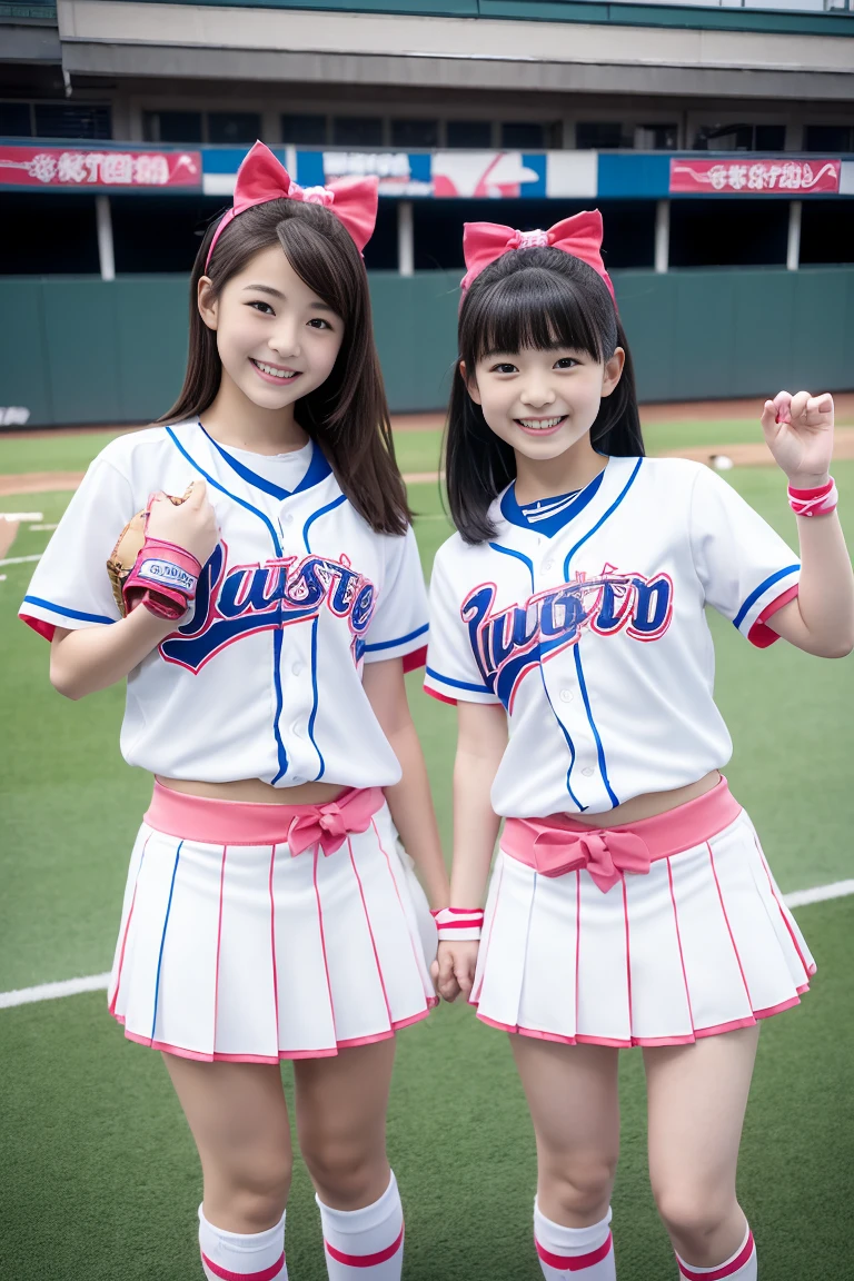 (ultra best quality、8K、masuter piece、delicate illustration、full body Esbian)、Two very cute Japan girls of about 、 body type, (Cheergirl 1.3)、huge smile、Cheergirls cheering cheerfully、baseball field