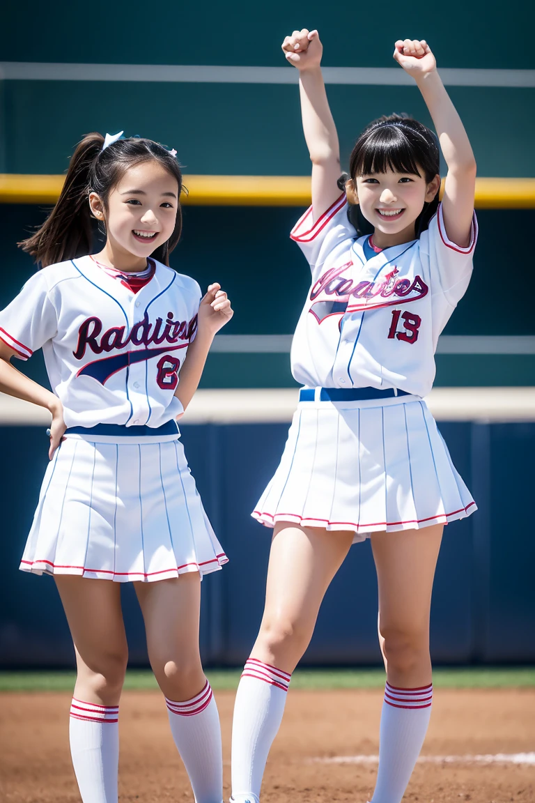 (ultra best quality、8K、masuter piece、delicate illustration、full body Esbian)、Two very cute Japan girls of about 10 years old、 body type, （Cheergirl 1.3）、huge smile、Cheergirls cheering cheerfully、baseball field