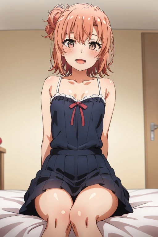 ((highest quality)), ((masterpiece)), (be familiar with), Perfect Face, indoor, Bedroom, Watching the audience,
One woman, Yuigahama Yui,
Open Mouth, Ecstatic expression, blush, smile,
Small breasts, Flat Chest, Young Girl, , , Girl,
Short Hair, Salmon-colored hair, Salmon-colored eyes, Side Pony,
Leg spread,