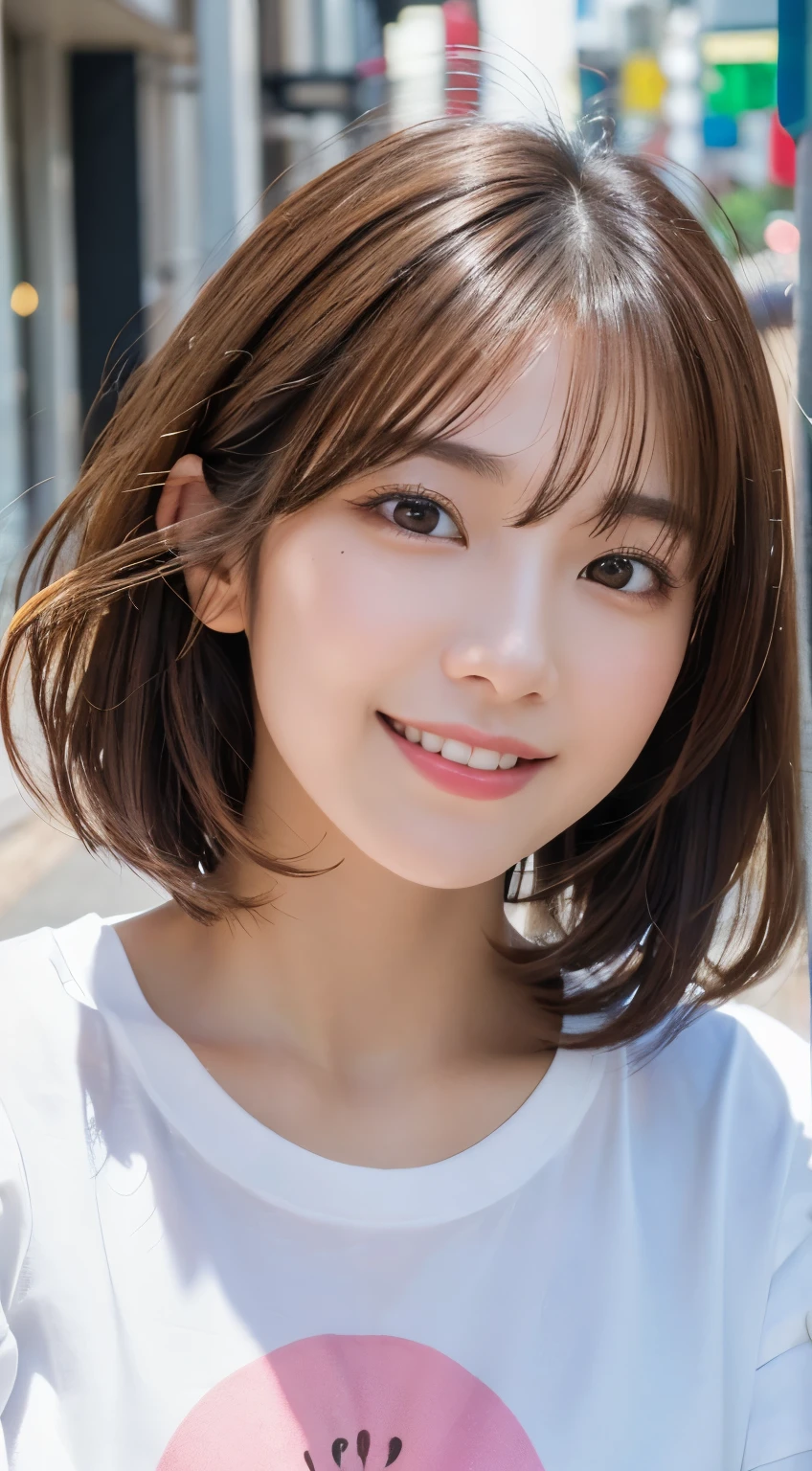(highest quality,8K quality,masterpiece:1.3,),(超A high resolution:1.3,Photorealistic:1.4,Raw photo:1.2),(Ultra-detailed:1.2,Glowing Skin,Detailed skin:1.1),(Detailed face,Perfect Anatomy,Caustics:1.2), (Symmetrical eyes:1.3),1 girl,cute,Japanese,22 years old,Japanese Ido,Natural brown hair,Short hair curled outwards,cute目,Natural Makeup,Oversized T-shirt,Laughter,Looking at the camera,On the face,Face Focus,Street Corner,Professional Writing,Natural soft light,