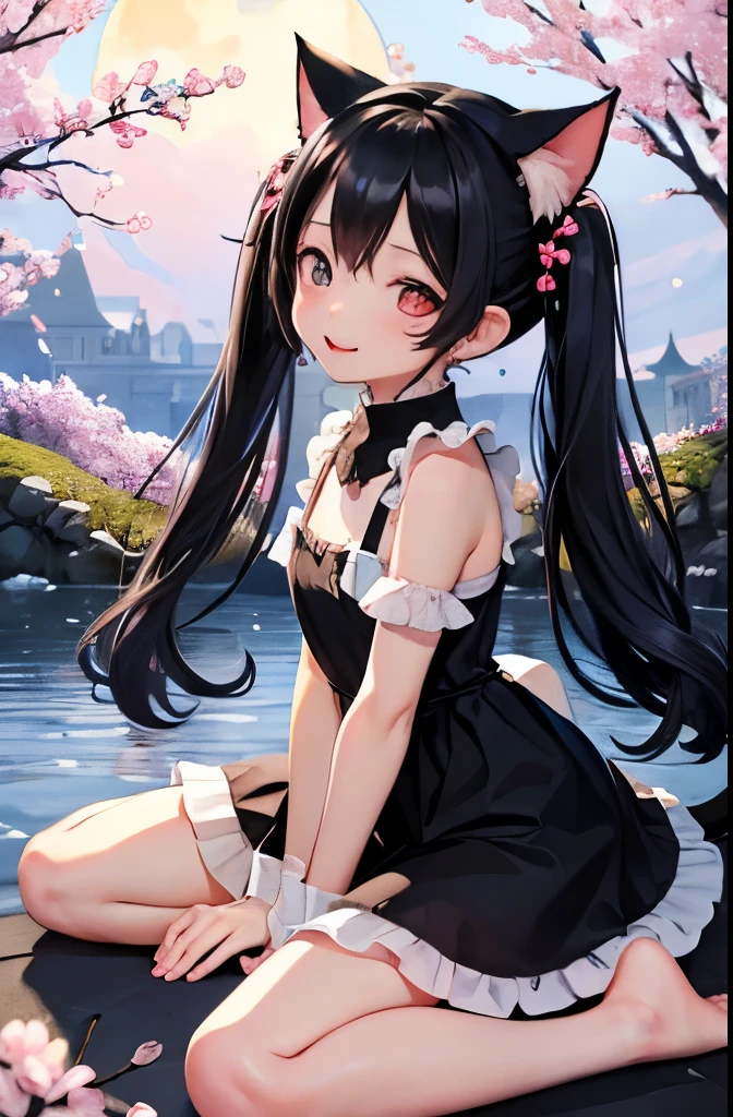 全body、body、feet、、Lalafell、Maid clothes、Long twin tails、(Black Hair)、Cat ear、be happy、Tongue out、night、full moon、Cherry tree in full bloom