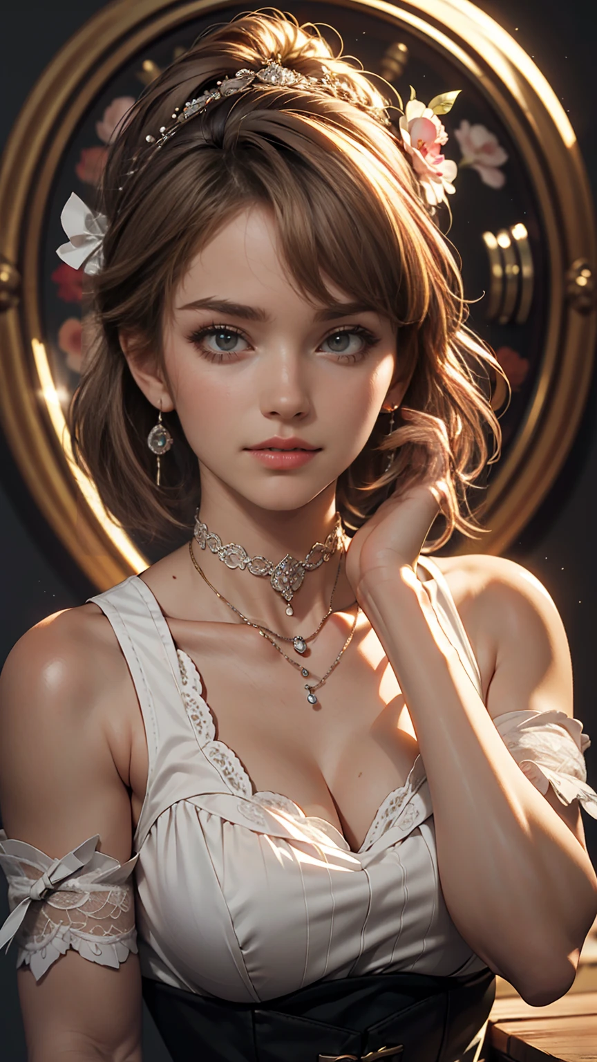 cute, ultra-detailed, figure, Complex, detailed, extremely detailed, detailed face, Soft Lighting, Soft Light, Soft Focus, Perfect Face, beautiful, Accurate anatomy, Exposure, 8k, 4K, (High resolution:1.1), highest quality, (masterpiece:1.3), One girl, alone, jewelry, Brown eyes, View your viewers, Earrings, Grey Hair, bangs, black lace choker, Mouth closed, Portraiture, clock, hair ornaments, Simple Background, Gray background, Long Hair, Headrest, lips, hair bow, black choker, bow, eyelash