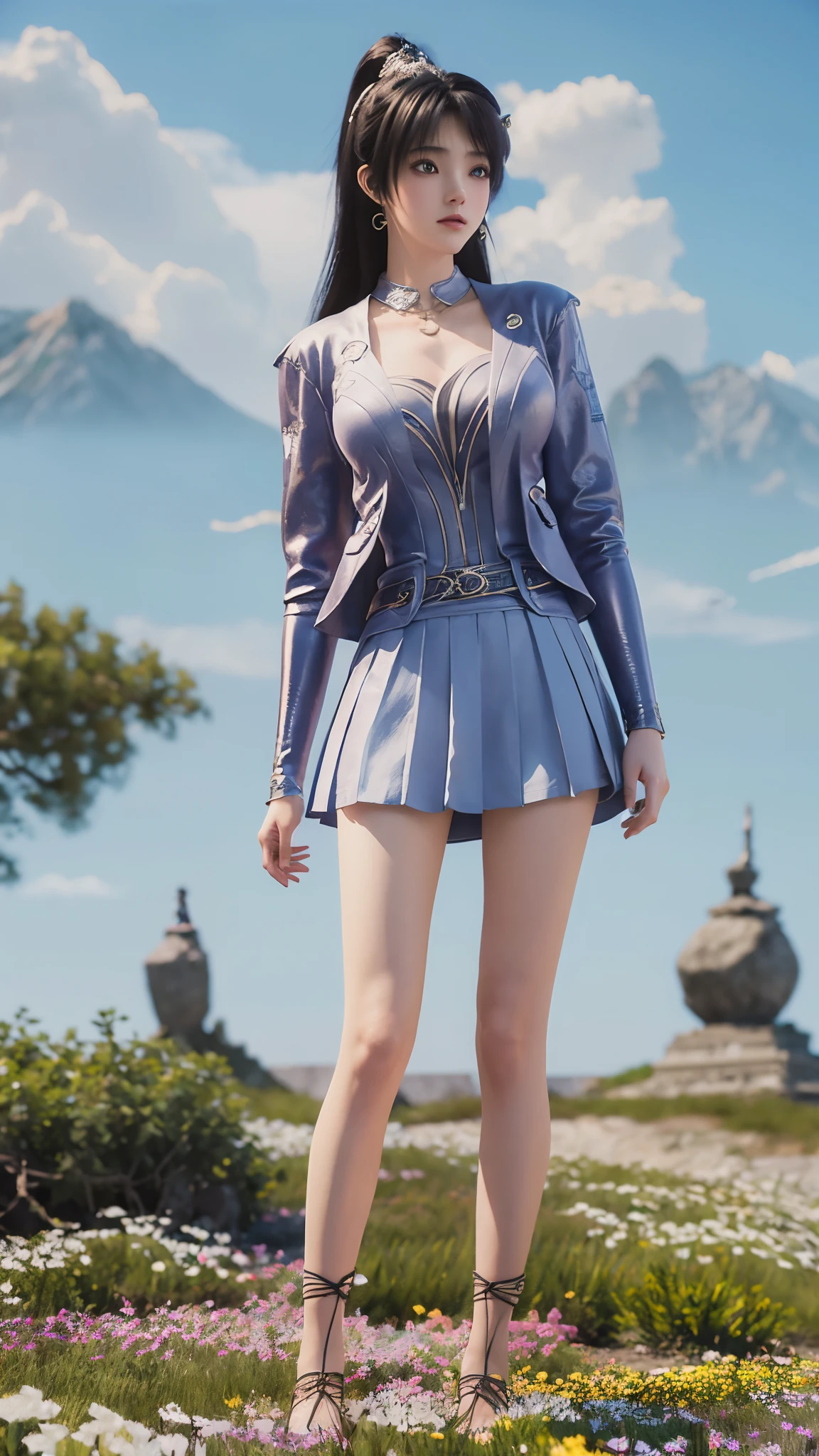 anime - style image of a woman in a short skirt and jacket, a photorealistic painting by Kentaro Miura, CG Social Trends, Conceptual Art, Smooth anime CG art, made with anime painter studio, Realistic anime 3 D style, Realistic anime girl rendering, Drawing in anime painter studio, Photorealistic anime, Anime style 3D, 3D animation realistic