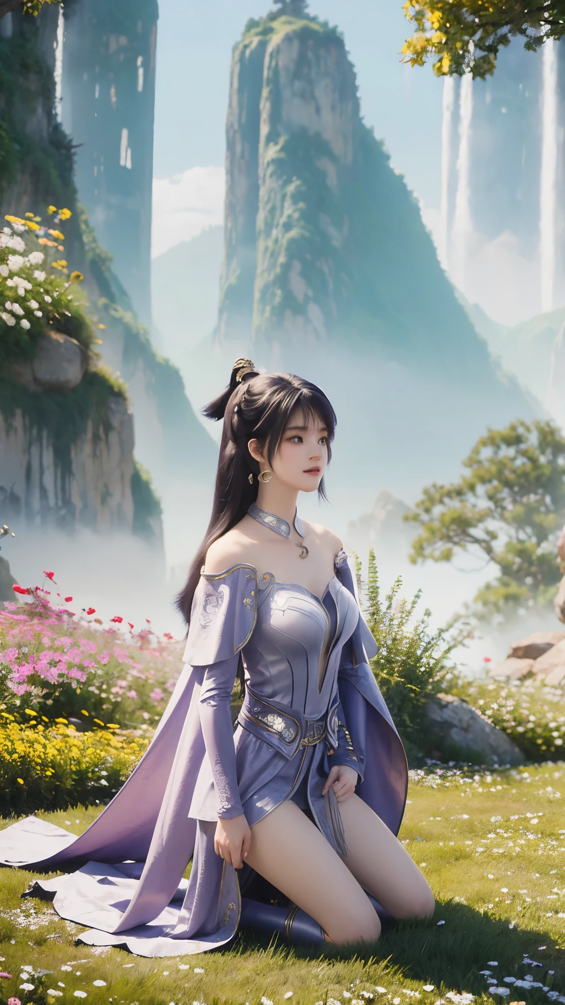 Anime woman kneeling on blanket, Concept Art：Yang Jie, CG Social Trends, Fantasy Art, Guvitz风格的艺术品, Guvitz, Smooth anime CG art, Keqing from Genshin Impact, Ruan Jia and Artgerm, Full body fairy, Flowing magic robe