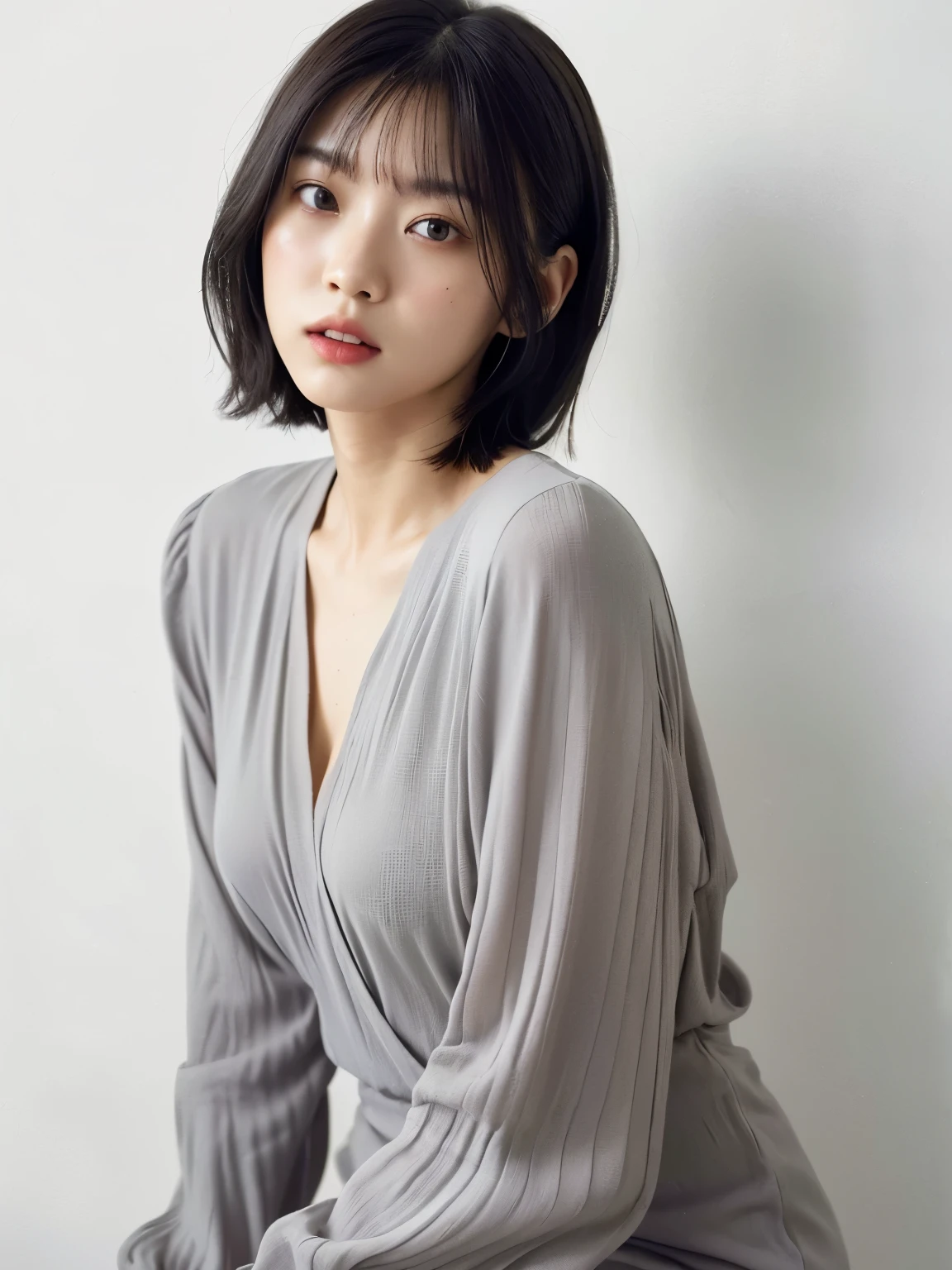 black long sleeve dress、Stylish dresses、Tabletop、(背景にWhite wall、Some of my hair is light grey:1.4)、White wall、In front of a white door、(窓のあるWhite wallの部屋)、((highest quality、8k、masterpiece:1.3))、Ultra-high resolution、(photoGenuineistic:1.4)、RAW Photos、Japanese,(face)、Genuine、Photographed in natural light、Highly detailed face and skin texture、Highly detailed lips、The correct state of the human body、short hair、Black Hair、Various poses、Natural color lip