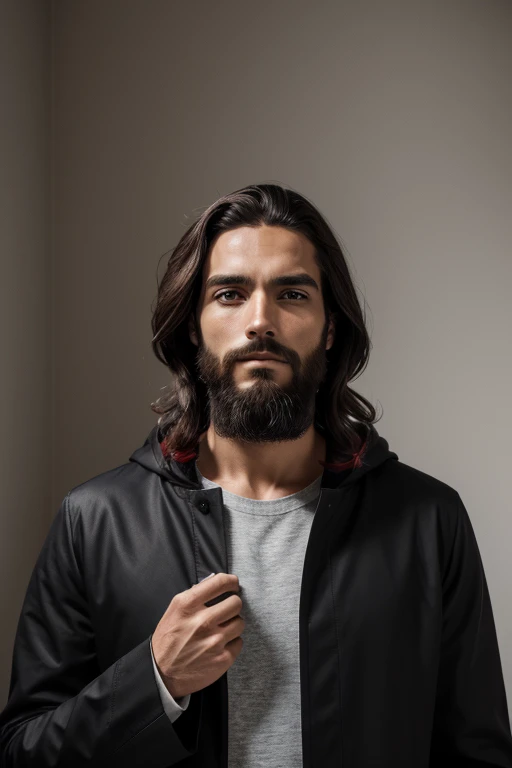 Jesus Christ, homme de 27 ans, Masculin, barbe et cheveux Noir, (homme saint), image de face, Jesus Christ, porter un manteau, les vêtements du roi, Manteau rouge, couleur rouge, (((meilleure qualité d&#39;image))), super realistic, (((Jesus Christ))), Fils de Dieu, tout puissant, (((Divine Light)))