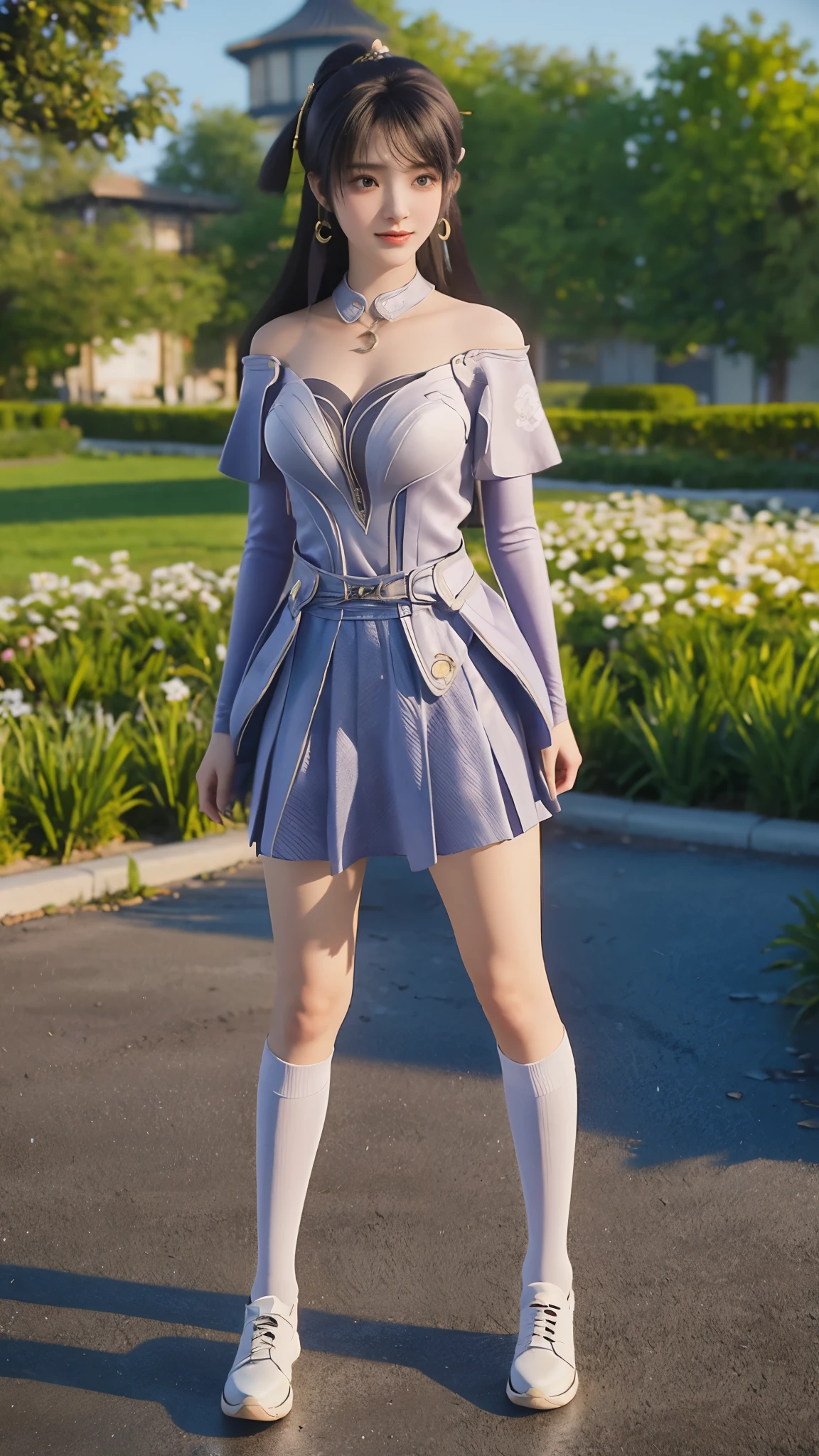 Arad woman poses for a photo in a short skirt and white shirt, 超现实主义Female students, 超现实主义Female students, 逼真Female students, Realistic anime女孩渲染, Thighs and skirts, 3D animation is realistic, Little curvy loli, Wearing a skirt and high socks, Realistic anime, 可爱的Female students, Realistic anime 3D 风格, Female students