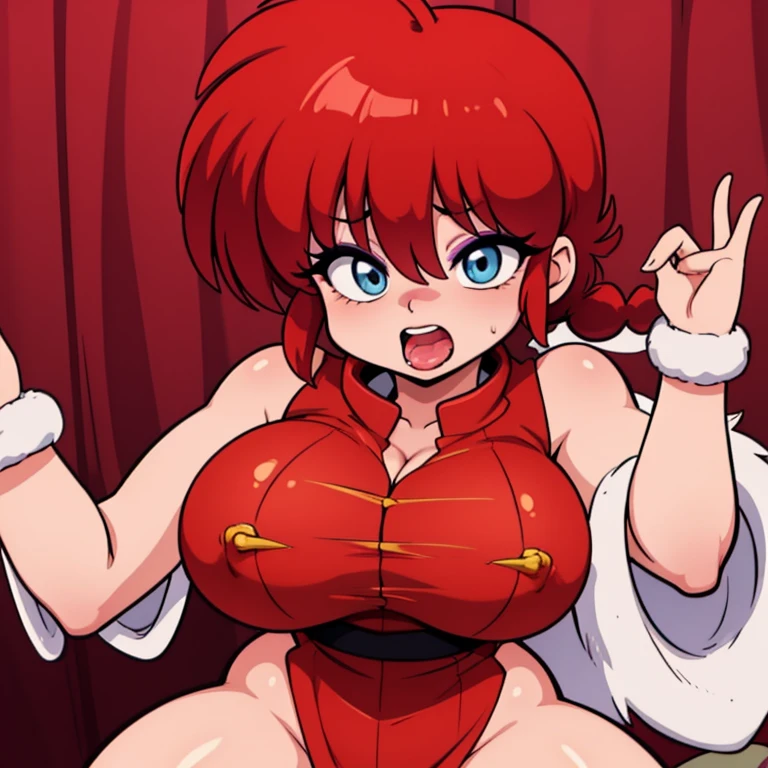 RanmaChan, cabello rojo, Cabello con trenza, ojos azules, ojos detallados, gateando en el piso, Costume】【Cosplay】More Revealing Sideless China Dress, ahegao