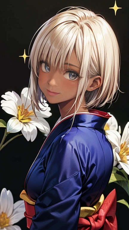 (((highest quality)), ((masterpiece)), (Very detailed), (Beautiful detailed sparkle)), 8K, ((Symmetrical facial features)), Anime 2D Rendering, Realistic young anime woman,
One Girl: 1.5,
((Symmetrical facial features)), (Beautiful details、Shining Eyes), Perfect Face, Beautiful clavicle, Beautiful fingers, Beautiful body, Beautiful thighs, Beautiful legs, Beautiful breasts, Perfect round ass,
(Tanned dark skin:1.5), (Shiny skin:1.2), Slightly smaller chest, 20-year-old,
Beautiful Hair, Hair fluttering, bangs, blonde, (Very short hair),
(kimono:1.2、Dark blue kimono、Flower pattern kimono:1.4)、 Captivating smile、look back,