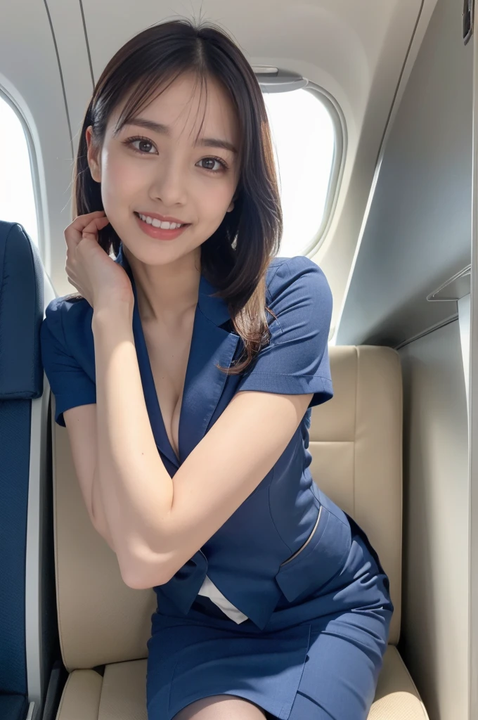 (8K, best quality, masterpiece:1.2), (realistic, photo-realistic:1.37), (high color saturation:1.0), (highly detailed skin), (highest quality:1.0), (ultra high resolution:1.0) ,(realistic:1.0), (Super detailed:1.0), (8K, Raw photo:1.1)、standing random pose, smiling, natural breast, perfect lighting, 3girls, 24years old, (mysterious), clear and detailed, ((ANA_Cabin Crew, blue flight attendant_uniform)), beige pantyhose, (aircraft, aircraft seats), cute face, looking at back viewer, while putting her socks on,