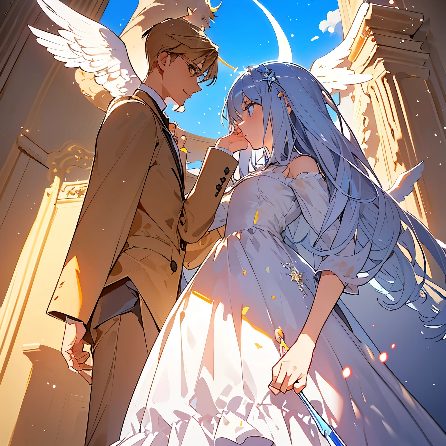 Angel hombre, cara delicada y fragil, alas grandes y hermosas, aro angelical, tonos tenues y pastel, luz del sol calida, ojos azules cristalino, piel delicada y clara, cabello rubio-blanquesino