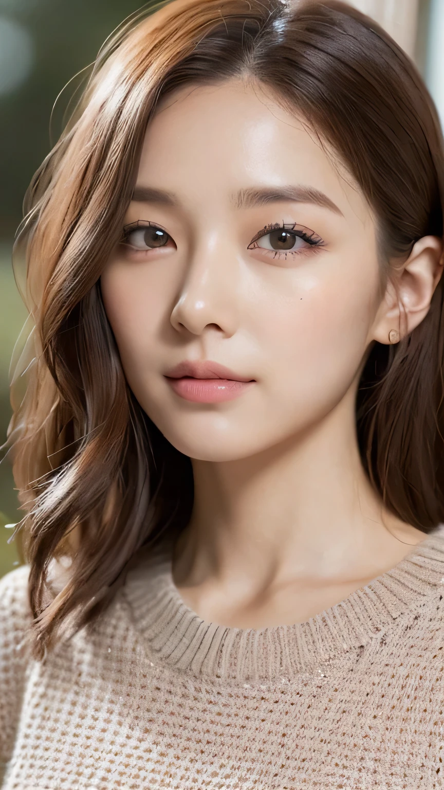 8k, highest quality, masterpiece, Realistic, Photorealistic, Ultra-detailed, Natural light, Highly detailed face and skin, Detailed eyes, Highly detailed face and skinのショット, Beautiful woman staring at camera, Tabletop, Beautiful Face, Realistic Face, Detailed face, Beautiful hairstyle, Realistic eyes, Fine grain, Realistic Skin, Detailed skin, Beautiful Skin, Charm, Ultra-realistic, ((A bold knit with a thin texture, kind, Brown Hair, Cute Japanese Girl, whole body,Dimples,))