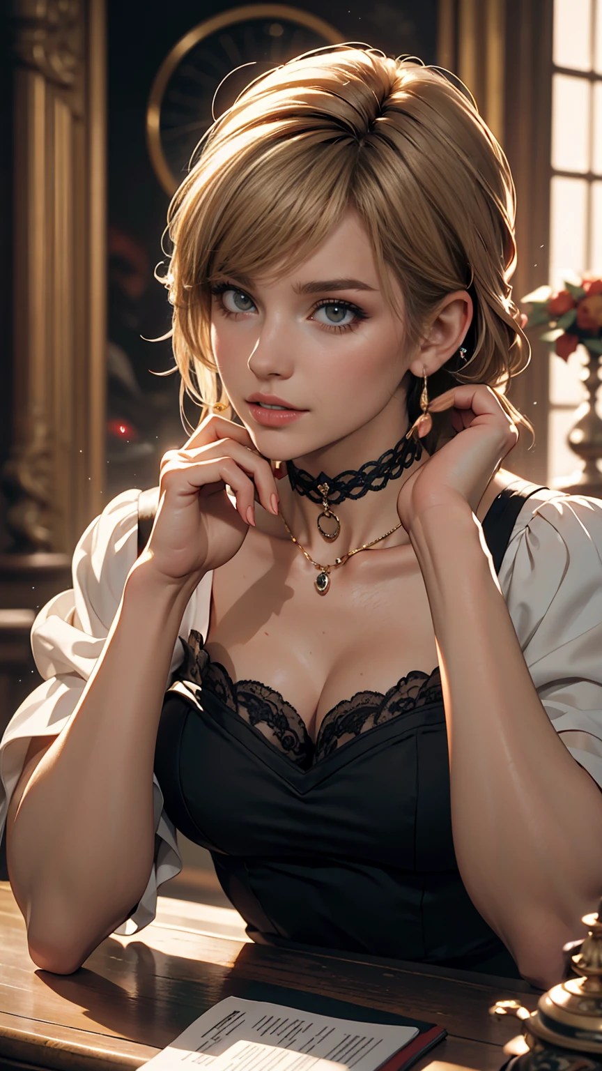 cute, ultra-detailed, figure, Complex, detailed, extremely detailed, detailed face, Soft Lighting, Soft Light, Soft Focus, Perfect Face, beautiful, Accurate anatomy, Exposure, 8k, 4K, (High resolution:1.1), highest quality, (masterpiece:1.3), One girl, alone, jewelry, Brown eyes, View your viewers, Earrings, Grey Hair, bangs, black lace choker, Mouth closed, Portraiture, clock, hair ornaments, Simple Background, Gray background, Long Hair, Headrest, lips, hair bow, black choker, bow, eyelash