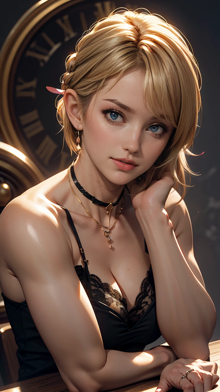 cute, ultra-detailed, figure, Complex, detailed, extremely detailed, detailed face, Soft Lighting, Soft Light, Soft Focus, Perfect Face, beautiful, Accurate anatomy, Exposure, 8k, 4K, (High resolution:1.1), highest quality, (masterpiece:1.3), One girl, alone, jewelry, Brown eyes, View your viewers, Earrings, Grey Hair, bangs, black lace choker, Mouth closed, Portraiture, clock, hair ornaments, Simple Background, Gray background, Long Hair, Headrest, lips, hair bow, black choker, bow, eyelash