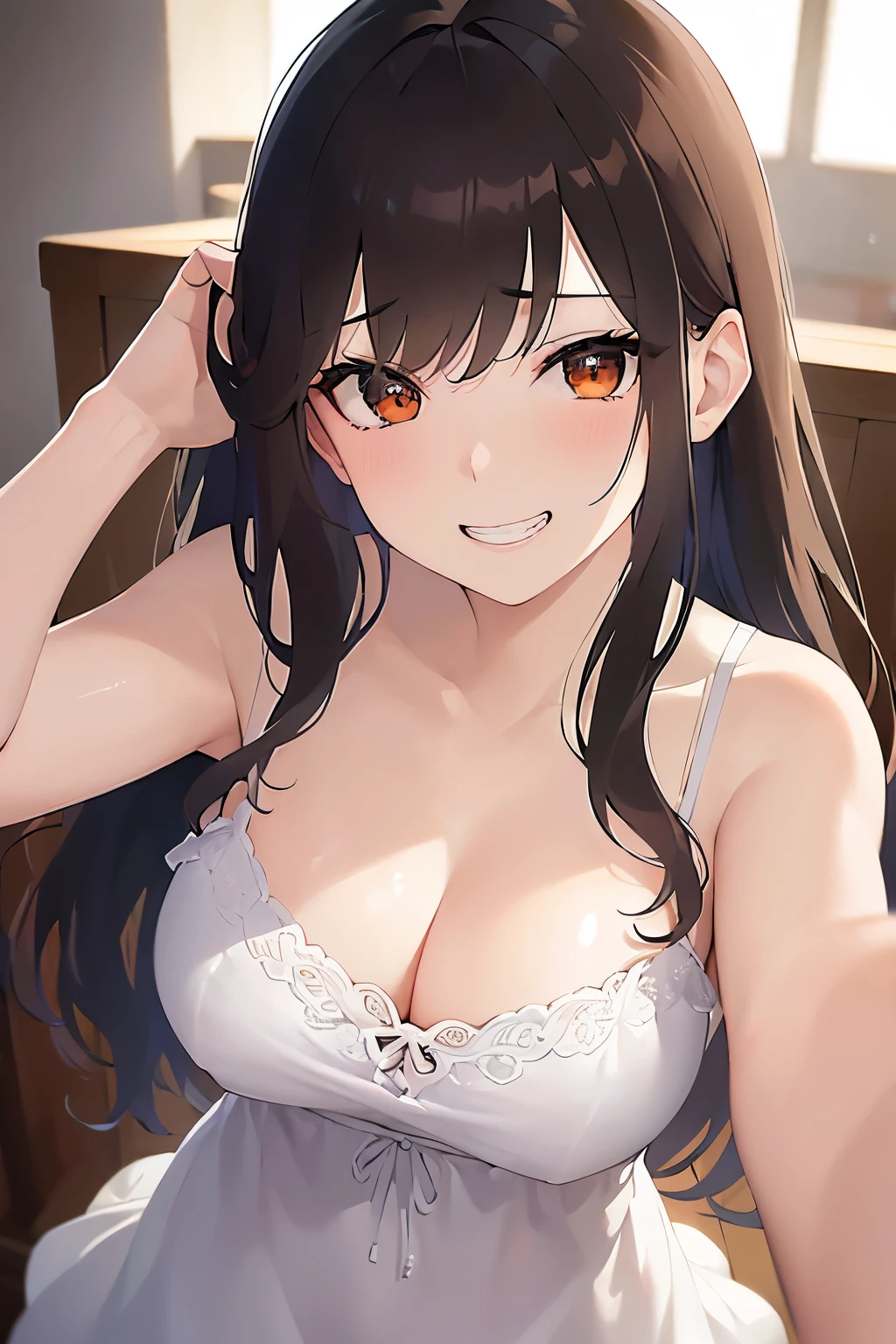 Placing hand on cheek, looking up, A close-up of your face、Biologically correct five fingers、Cleavage、Realistic, real person, (pale skin: 1.2), RAW photo, photorealistic, shiny skin, shiny hair、(A 25-year-old woman with medium-length hair and bangs) and (wavy hair) and (brown hair) and (orange eyes) , (sundress:1.3) and (white) 、(blush, grin:1.3), open mouth, The background is the living room、Alone、Are standing