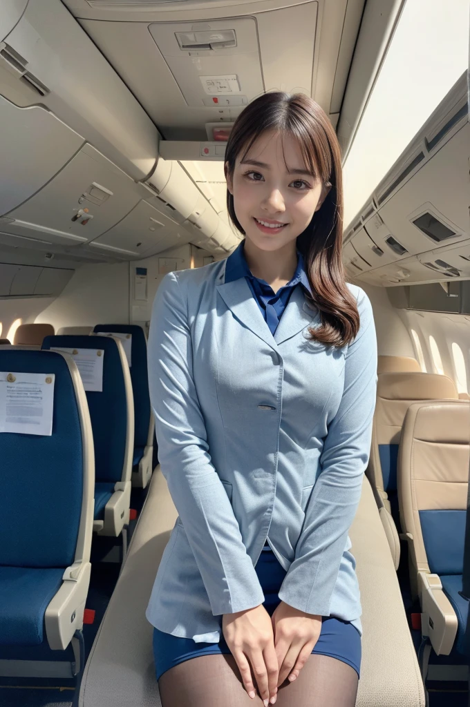  (8K, best quality, masterpiece:1.2), (realistic, photo-realistic:1.37), (high color saturation:1.0),  (highly detailed skin), (highest quality:1.0), (ultra high resolution:1.0) ,(realistic:1.0), (Super detailed:1.0), (8K, Raw photo:1.1)、standing random pose, smiling, natural breast, perfect lighting, 3girls, 24years old, (mysterious), clear and detailed, ((ANA_Cabin Crew, blue flight attendant_uniform)), beige pantyhose, (aircraft, aircraft seats), cute face, looking at back viewer, visual panty line, 