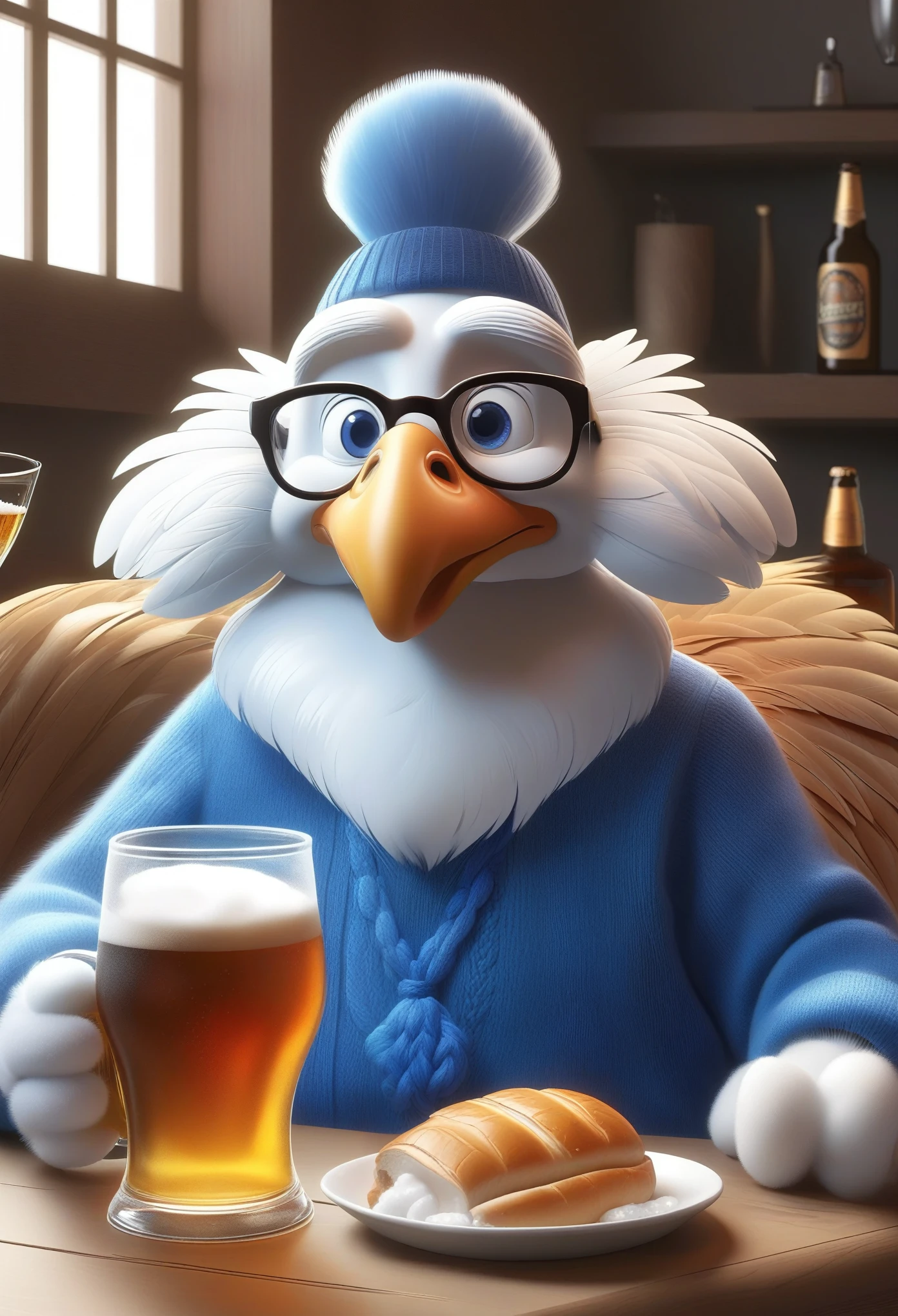 Cute white grandpa turkey in blue sweater is drinking beer，Foam rising from beer glass，Wearing reading glasses，3D Rendering, Focus, Surrealism, Fluffy, fantasy engine, 5 quality rendering, 3 Rendering, Furry art,brand, creative poster,Produced by Pixar，