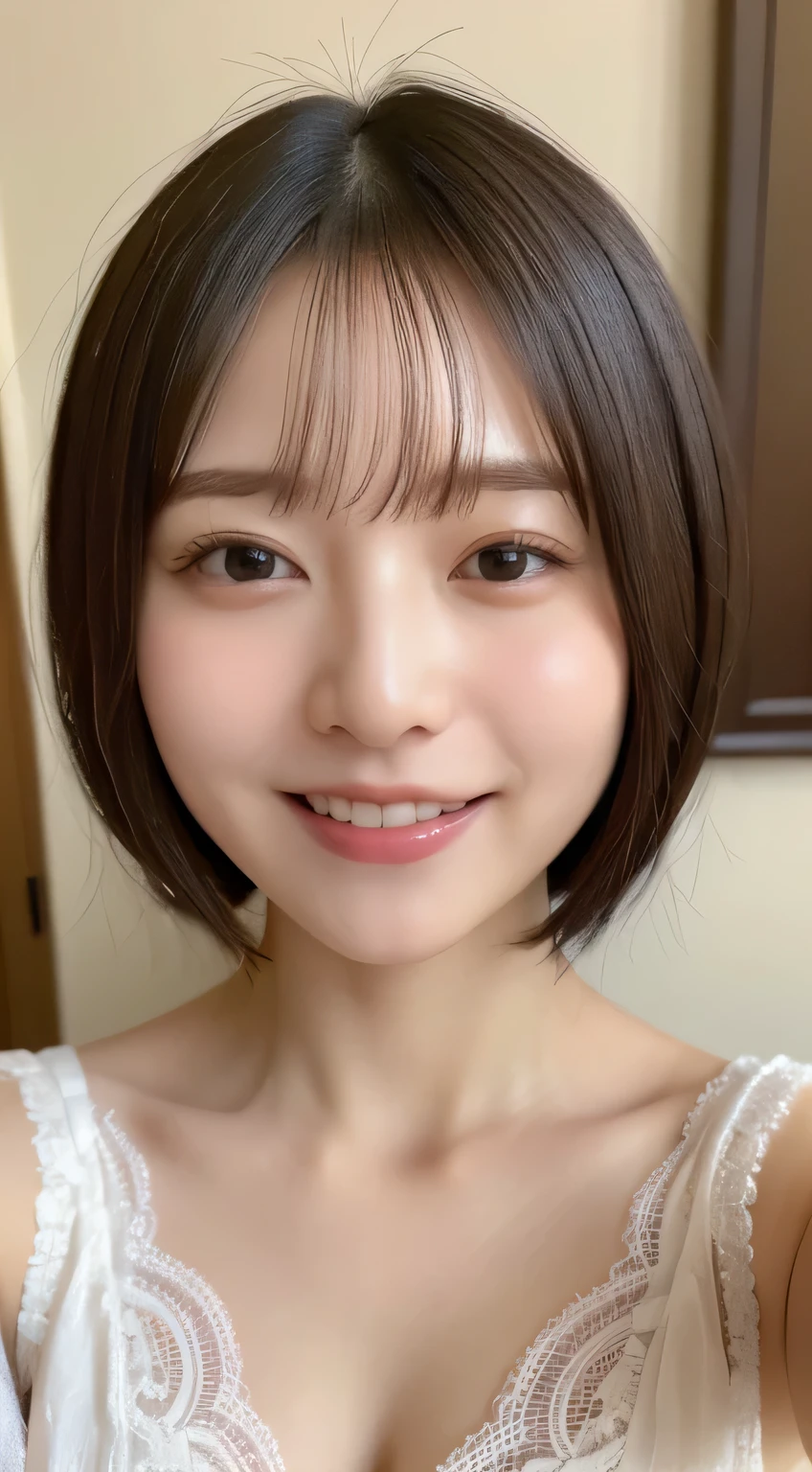 ((highest quality、8k、masterpiece:1.5))、One Girl、Laughter、(Mouth closed:1.3)、Blunt bangs、Bangle body: Lots of Esbian:1.4)、(Symmetrical face)、Ultra detailed face、Detailed eyes、Detailed ears、double eyelid、Slim face、(Selfie:1.3)、(Full Body Selfie)、(look up)、(From above)、(Large Breasts:0.9)、The background is blurred、Short Hair、Lace underwear