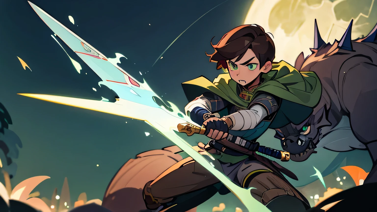 knights war, and a boy with curvy dark brown hair, green eyes. sword, magic beast, motivation, shout, night time, full moon, injured