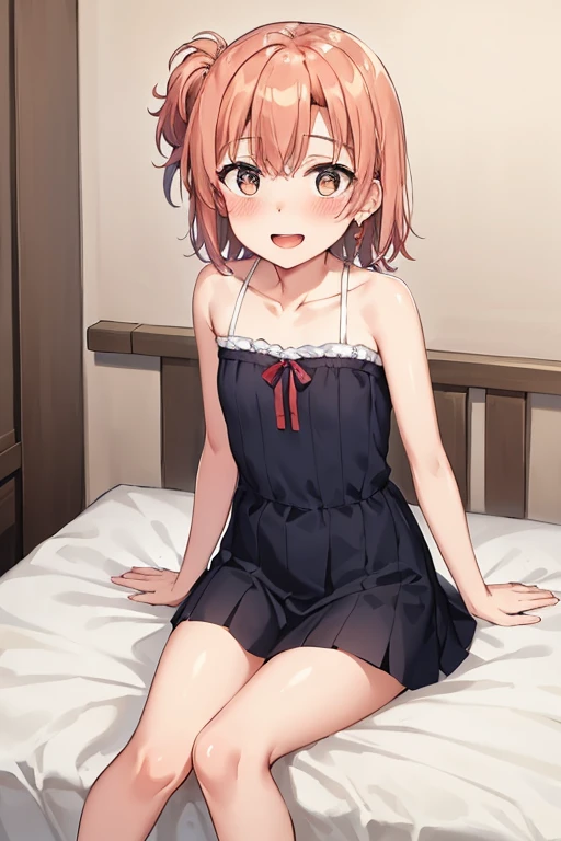 ((highest quality)), ((masterpiece)), (be familiar with), Perfect Face, indoor, Bedroom, Watching the audience,
One woman, Yuigahama Yui,
Open Mouth, Ecstatic expression, blush, smile,
Small breasts, Flat Chest, Young Girl, , , Girl,
Short Hair, Salmon-colored hair, Salmon-colored eyes, Side Pony,
Leg spread,