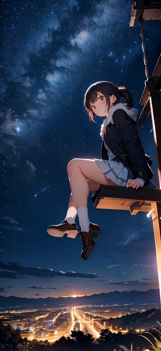 best quality, very good, 16k, Ridiculous, Extremely detailed, The girl sits on the swing in the corner of the picture,Far right, Staring into the distance,coat,Short skirt, Bare legs,White socks,thin,thin legs,Attractive appearance, wind, wind-effect, Autumn Night,village,Moon night scene, Milky Way,Starry Sky,splendid,(Magnificent views:1.1) ,night landscape,the whole night sky,spectacular