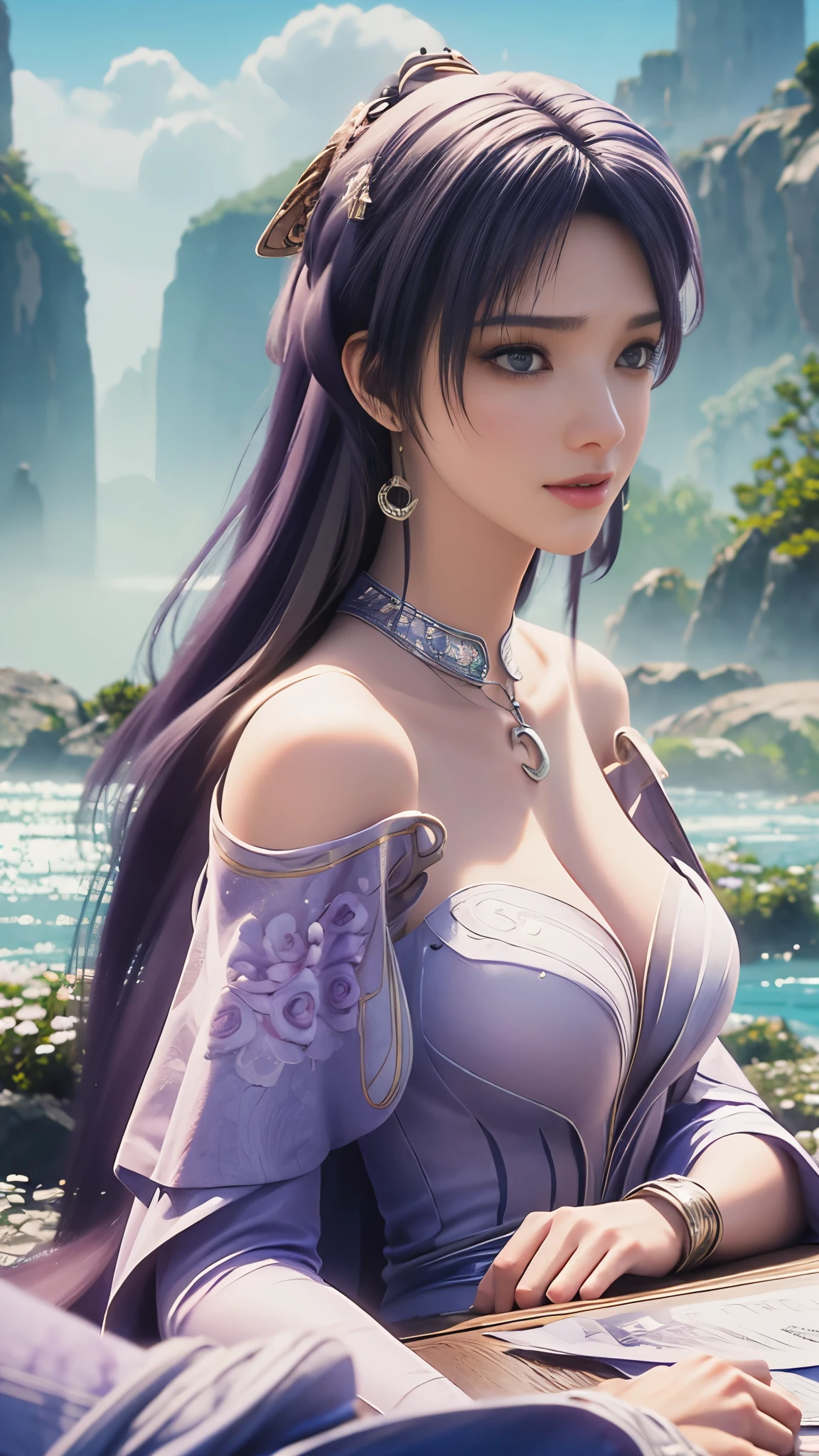 The Arad woman in the dress sits at the table, closeup fantasy with water magic, 2. 5D CGI Anime Fantasy Artwork, Anime fantasy illustration, detailed digital anime art, Beautiful fantasy anime, Smooth anime CG art, Anime fantasy artwork, 8K high quality detailed art, Realistic anime 3 D style, ultra detailed water, Beautiful and attractive anime woman

