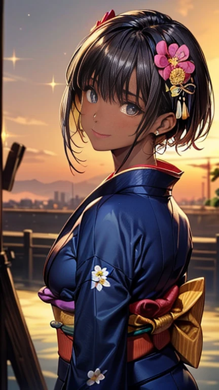 (((highest quality)), ((masterpiece)), (Very detailed), (Beautiful detailed sparkle)), 4K, ((Symmetrical facial features)), Anime 2D Rendering, Realistic young anime woman,
One Girl: 1.5,
((Symmetrical facial features)), (Beautiful details、Shining Eyes), Perfect Face, Beautiful clavicle, Beautiful fingers, Beautiful body, Beautiful thighs, Beautiful legs, Beautiful breasts, Perfect round ass,
(Tanned dark skin:1.5), (Shiny skin:1.2), Slightly smaller chest, 20-year-old,
Beautiful Hair, Hair fluttering, bangs, blonde, (Very short hair),
(kimono:1.2、Dark blue kimono、Flower pattern kimono:1.4)、 Captivating smile、look back,