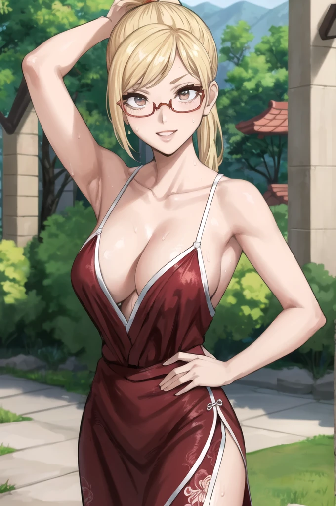 ((best quality)),((highly detailed)),masterpiece,absurdres,detailed face,beautiful face,(detailed eyes, deep eyes),1girl,((dynamic pose)), kaede akiyama, blonde hair, long hair, solo, bow, large breasts, cowboy shot, chinese town, outdoors, seductive smile, looking at viewer, wearing red chinese dress, put your hands behind your head, armpits, armpits visible, sweaty armpits, cleavage visible, wearing glasses, ponytail
