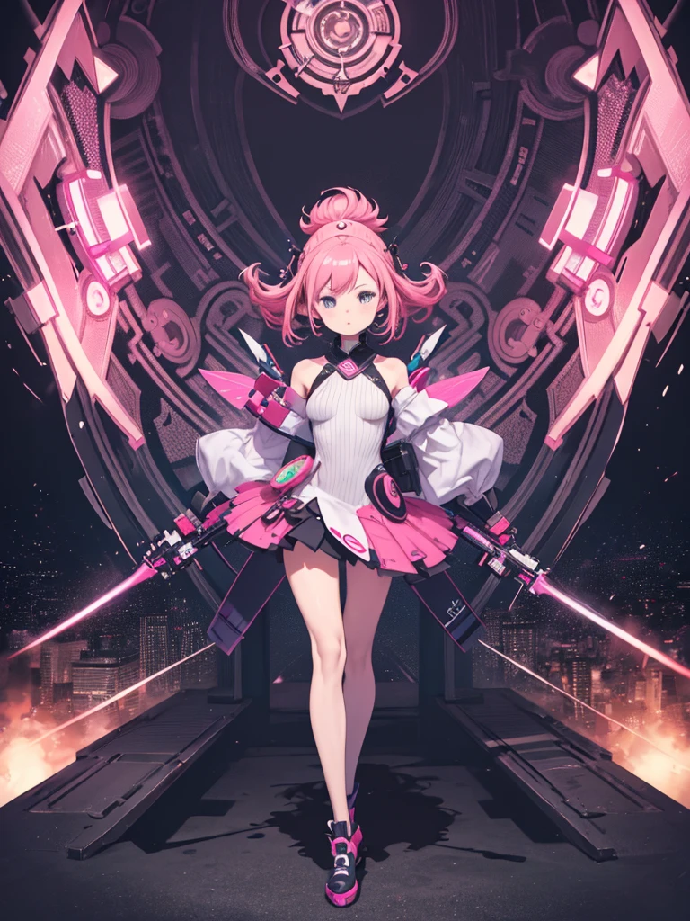 Girl with pink hair、((Highly detailed CG)),((8k_wallpaper)),(((Tabletop))),((highest quality)),Woman walking alone、Has characteristic movements and power, Playfulness and dynamic, With vivid colors and exaggerated expressions. While maintaining overall uniformity、Incorporating elements from each anime world、