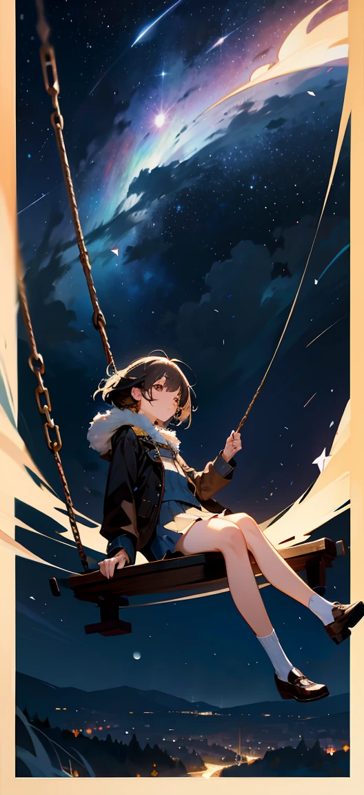 best quality, very good, 16k, Ridiculous, Extremely detailed, The tiny girl sits on the swing in the corner of the picture,Far right, Staring into the distance,coat,Short skirt, Bare legs,White socks,thin,thin legs,Attractive appearance, wind, wind-effect, Autumn Night,village,Moon night scene, Milky Way,Starry Sky,splendid,(Magnificent views:1.1) ,night landscape,the whole night sky,spectacular