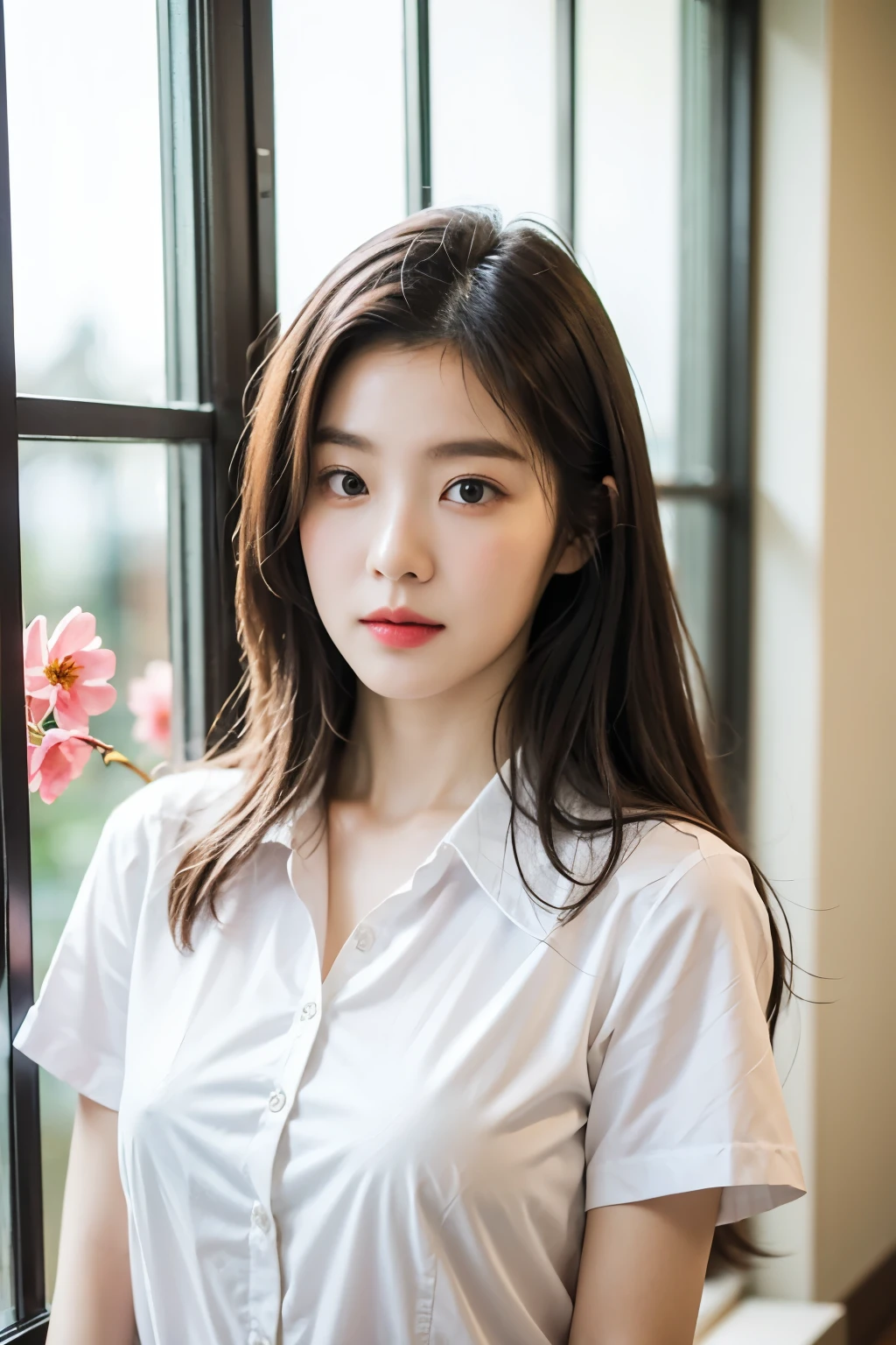 ((best quality)), ((masterpiece)), (detailed), perfect face There is a woman standing by the window with pink flowers., Put on a shirt, Morning Light, Sakimi-chan, Wear a white shirt., Korean girl, Sakimi-chan hdri, Standing near the window, Wearing a blouse, Wear a white shirt., reluvy5213, open shirt, Wear a light-colored shirt., Shiho