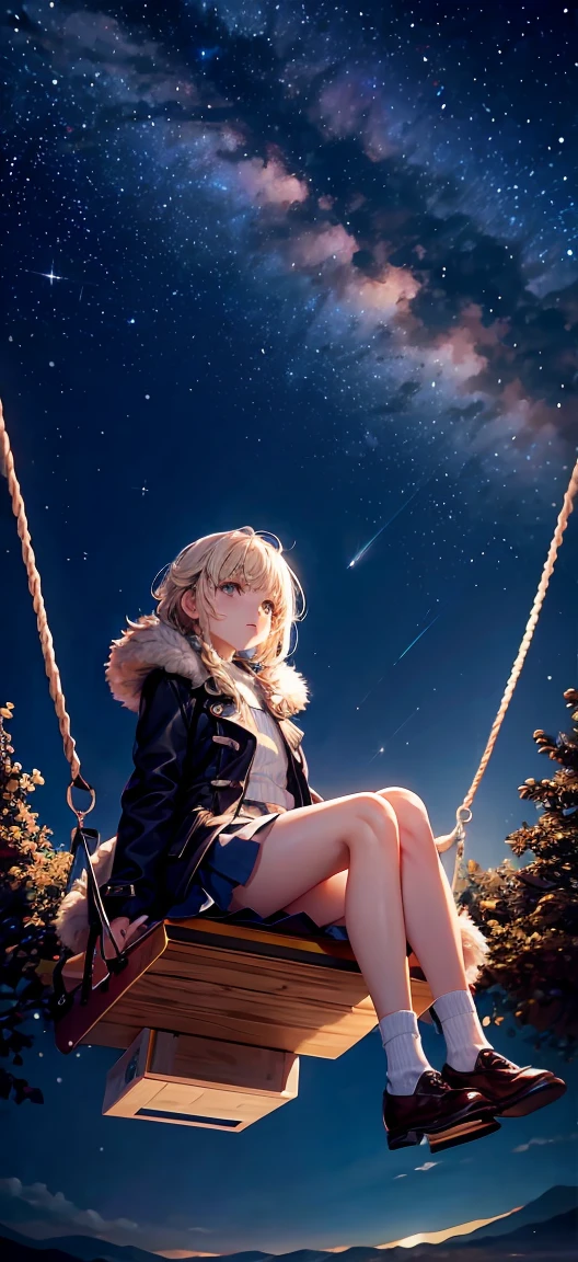 best quality, very good, 16k, Ridiculous, Extremely detailed, The tiny girl sits on the swing in the corner of the picture,Far right, Staring into the distance,coat,Short skirt, Bare legs,White socks,thin,thin legs,Attractive appearance, wind, wind-effect, Autumn Night,village,Moon night scene, Milky Way,Starry Sky,splendid,(Magnificent views:1.1) ,night landscape,the whole night sky,spectacular