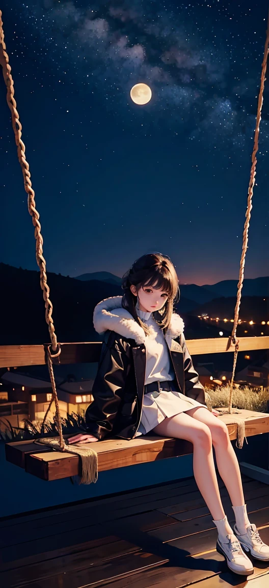 best quality, very good, 16k, Ridiculous, Extremely detailed, The tiny girl sits on the swing in the corner of the picture,Far right, Staring into the distance,coat,Short skirt, Bare legs,White socks,thin,thin legs,Attractive appearance, wind, wind-effect, Autumn Night,village,Moon night scene, Milky Way,Starry Sky,splendid,(Magnificent views:1.1) ,night landscape,the whole night sky,spectacular