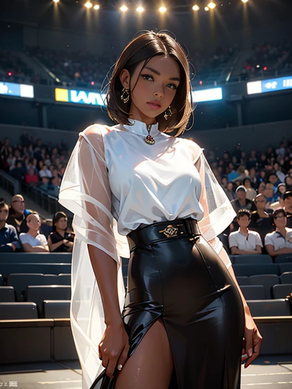 Unreal Engine 5 Photorealistic Rendering, Role Player, Casual pose, Racing皇后、With logo、 Absolutely beautiful、Pretty Face, Slim model figure, huge , shining, wet shining body, Short white hair, (((Dark brown skin beauty))), Neon、Crowded、audience、Shaping the Emperor、Drag racing、midsummer track、Racing、Lower level、Crowded、audience、