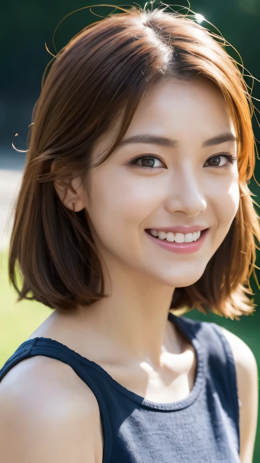 8k, highest quality, masterpiece, Realistic, Photorealistic, Ultra-detailed, Natural light, Highly detailed face and skin, Detailed eyes, Highly detailed face and skinのショット, Beautiful woman staring at camera, Tabletop, Beautiful Face, Realistic Face, Detailed face, Beautiful hairstyle, Realistic eyes, Fine grain, Realistic Skin, Detailed skin, Beautiful Skin, Charm, Ultra-realistic, (((Bold sleeveless top in a thin material, kind, Brown Hair, Crouching, whole body,A kind smile,Dimples,)))