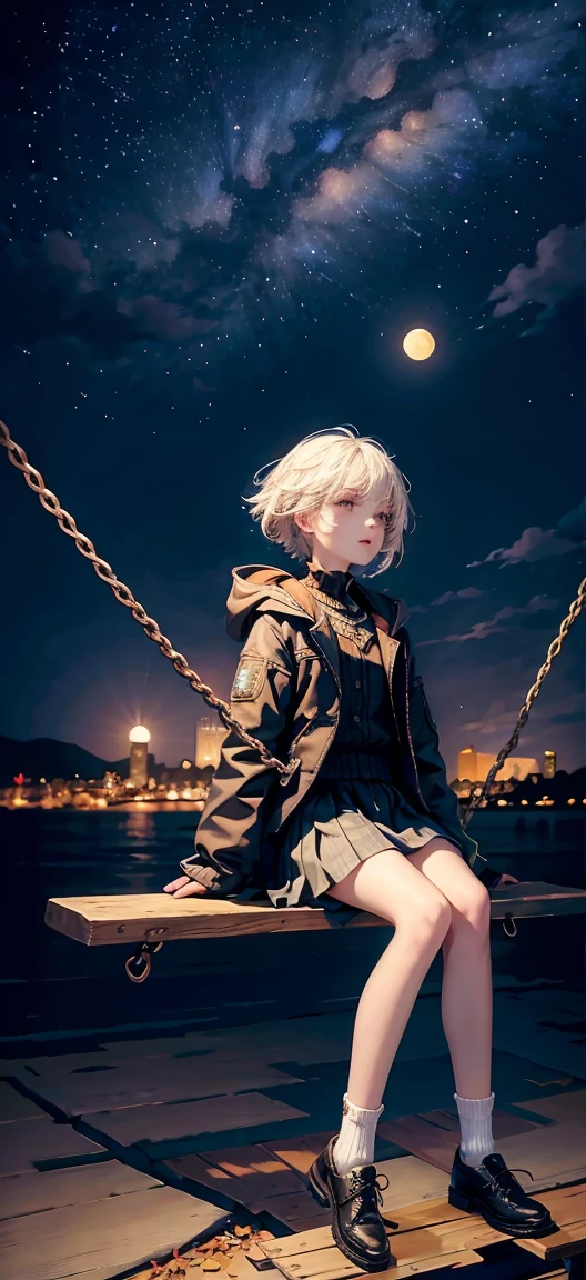 best quality, very good, 16k, Ridiculous, Extremely detailed, The tiny girl sits on the swing in the corner of the picture,Far right, Staring into the distance,coat,Short skirt, Bare legs,White socks,thin,thin legs,Attractive appearance, wind, wind-effect, Autumn Night,village,Moon night scene, Milky Way,Starry Sky,splendid,(Magnificent views:1.1) ,night landscape,the whole night sky,spectacular