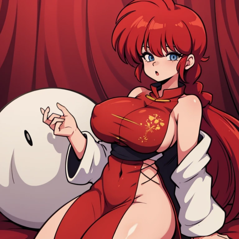 RanmaChan, cabello rojo, Cabello con trenza, ojos azules, ojos detallados, gateando en el piso, Costume】【Cosplay】More Revealing Sideless China Dress