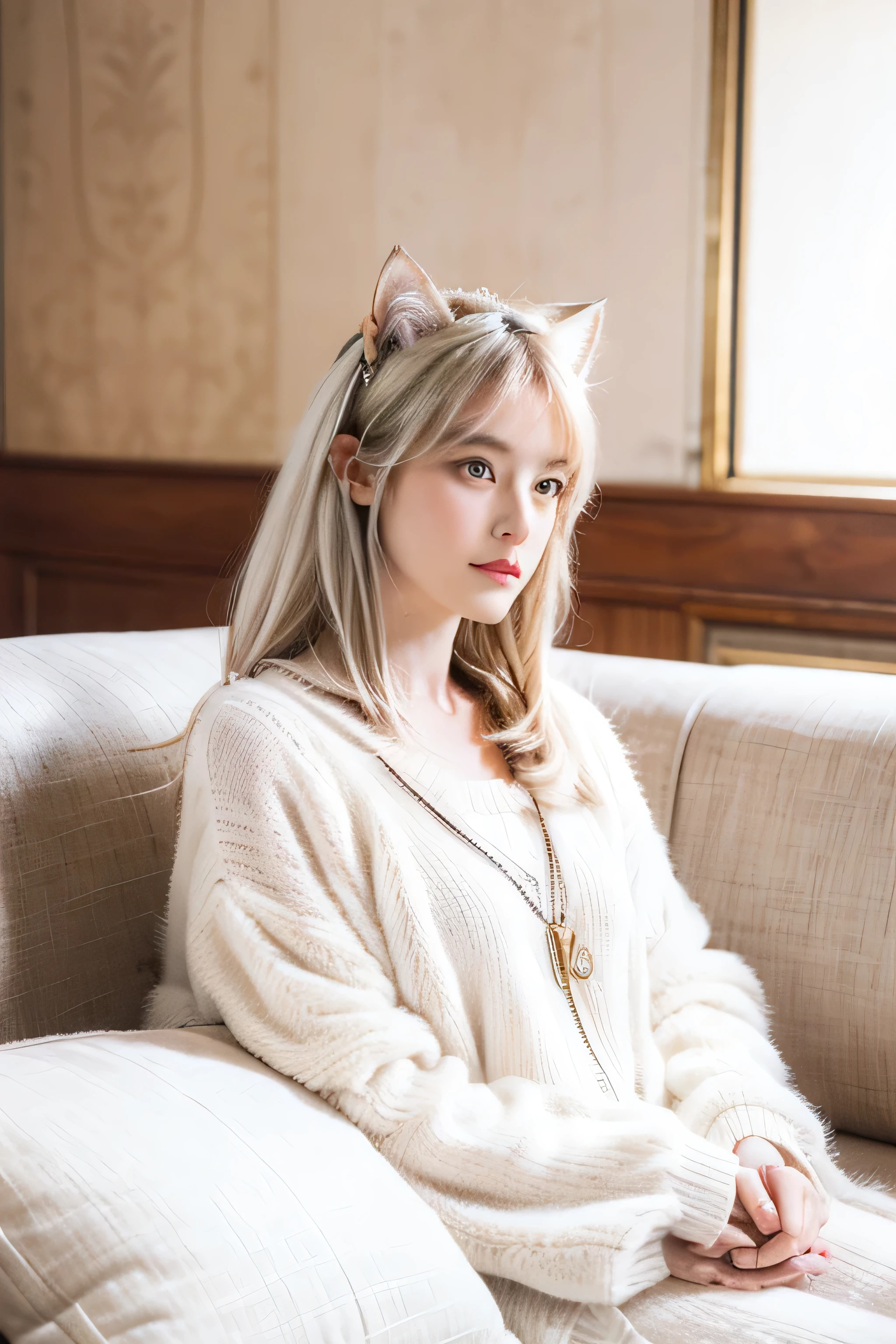 there is a white cat sitting on a couch with its paw on the pillow, cute furry needs your help, looking to his left, looking away from camera, looking to his side, cattie - brie of mithril hall, looking away from the camera, discovered photo, with pointy ears, taken in the early 2020s, vector