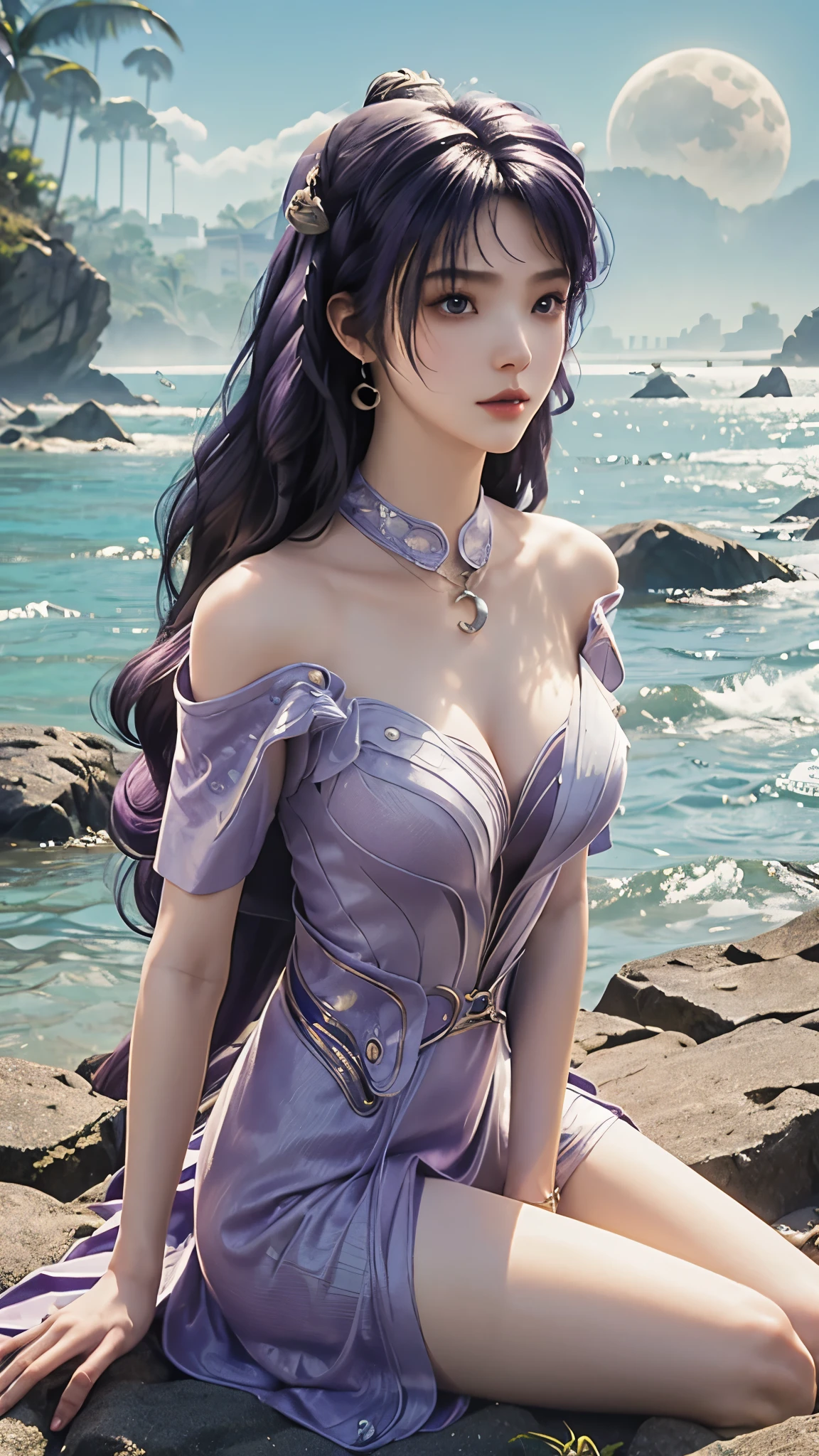 Anime Girl，3D，whole body，(((original photo , Extremely detailed, best quality, high resolution, Solitary,))) rest、(contrast:1), whole body、 View from directly above, Lying in the water, Back on water、 rest、 (((Purple Hair Beach Waves ))), (((cosmetic))),Large Breasts,((night)) 、detailed background,, moon、 rest、antonio riva dress:1.1,Dress in slightly sheer fabric:1.3、(very complicated:1.2), alta fantasia, Pretty Face, background, 星river, barefoot, rest、outdoor、river