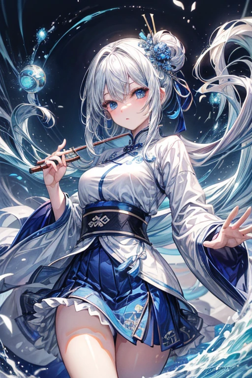 (masterpiece, best quality, perfect face, expressive eyes), 1girl, (anime), (adult), white hair, blue gradient hair, blue eyes, holding a Chinese flute, blue cheongsam, hair ornament, skirt