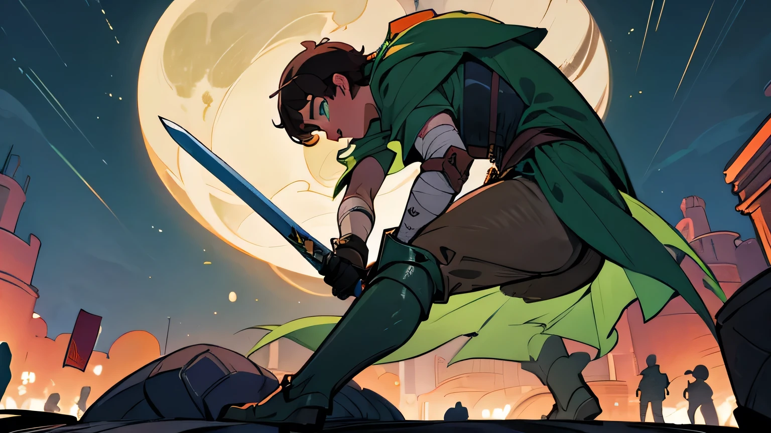 knights war, crowd, and a boy  with curvy dark brown hair, green eyes. sword, magic beast, motivation, shout, night time, full moon, injured, help each other