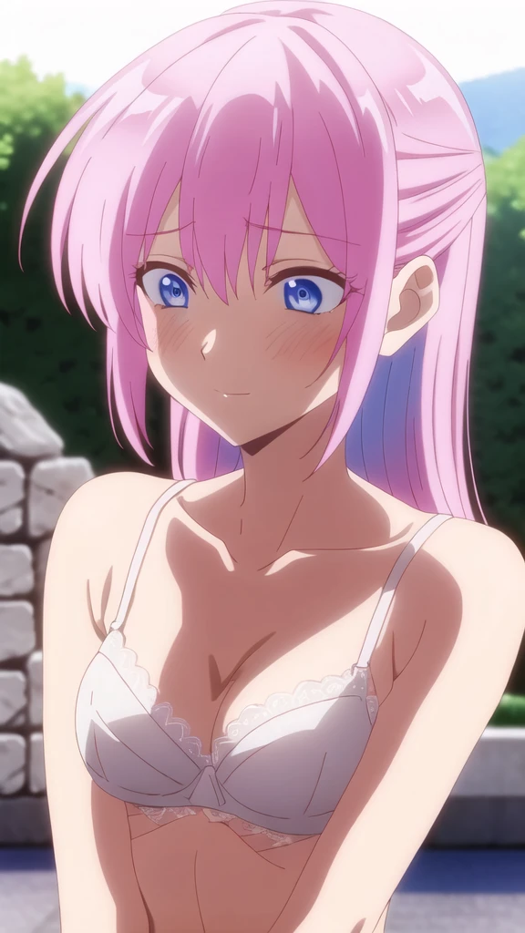 masterpiece, high quality, 8k, Beautiful lighting,sunny day,1girls,Miyako Shikimori, {{{{{pov,nsfw:1.9}}}}}, {{{{{(nude)}}}}},,,((small breasts)),,,squinting,(((white lace bra))),(close up),blush:0.9,pink hair