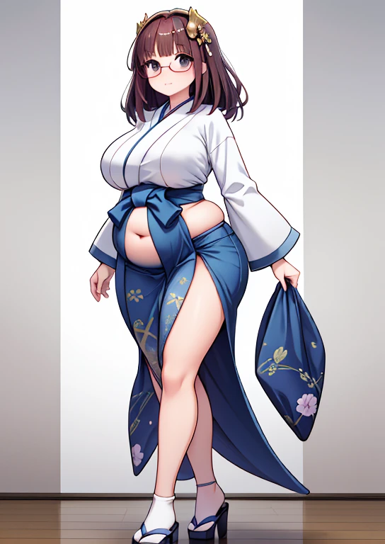 (masterpiece, best quality, highly detailed), 1girls, big belly, huge belly, art by kipteitei, round belly, chubby, curvy, belly grab, enormous belly, fat belly, thicc, bigger belly, really big belly, jiggly belly, glasses, japanese traditional clothes, tight breasts, ((long legs, tall)), high heels, ((full body))