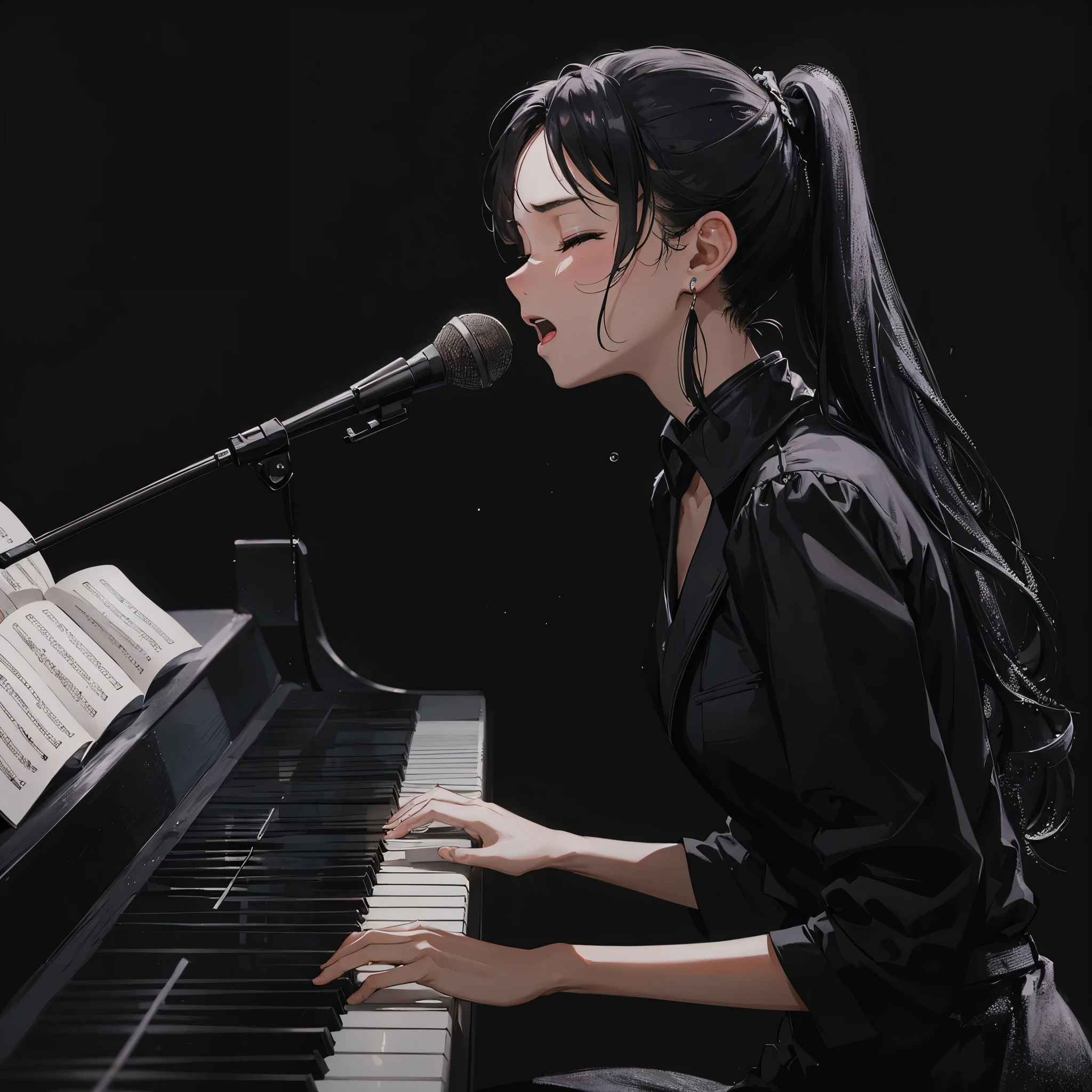 Best picture quality, masterpiece, 8K, piano concert, black background, woman with black ponytail hair, eyes closed and emotional, singing while playing black piano, piano has sheet music on it, microphone standing at mouth