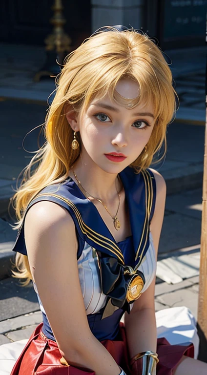 ((masterpiece:1.4)、(Top quality:1.4)、(realistic:1.7))、Masseter film:1.4、A beautiful girl、(Sailor Moon:1.4)、Tsukino Usagi、Tight sexy sailor suit、(Latex Shiny)、(The jacket is a white sleeveless sailor suit)、(The skirt is a blue sexy ultra-mini skirt)、The collar of the sailor's suit is blue,There are two thin lines on it.、High Leg Swimsuit、Red cloth decoration on chest、(Wearing white gloves)、Kawaii girl、Super Beauty、sharp focus、Portrait Photos、upper body photography:1.4、Beautiful face、beautiful eyes、Willow Waist、(Yellow hair:1.4)、(Length of hair:1.2)、original photo、Red lips、Red high heels:1.4、Necklace:1.4、A necklace:1.4、earrings:1.4、Wearing a luxurious golden headdress on the forehead:1.4、1 screen display、Outdoor Landscape
