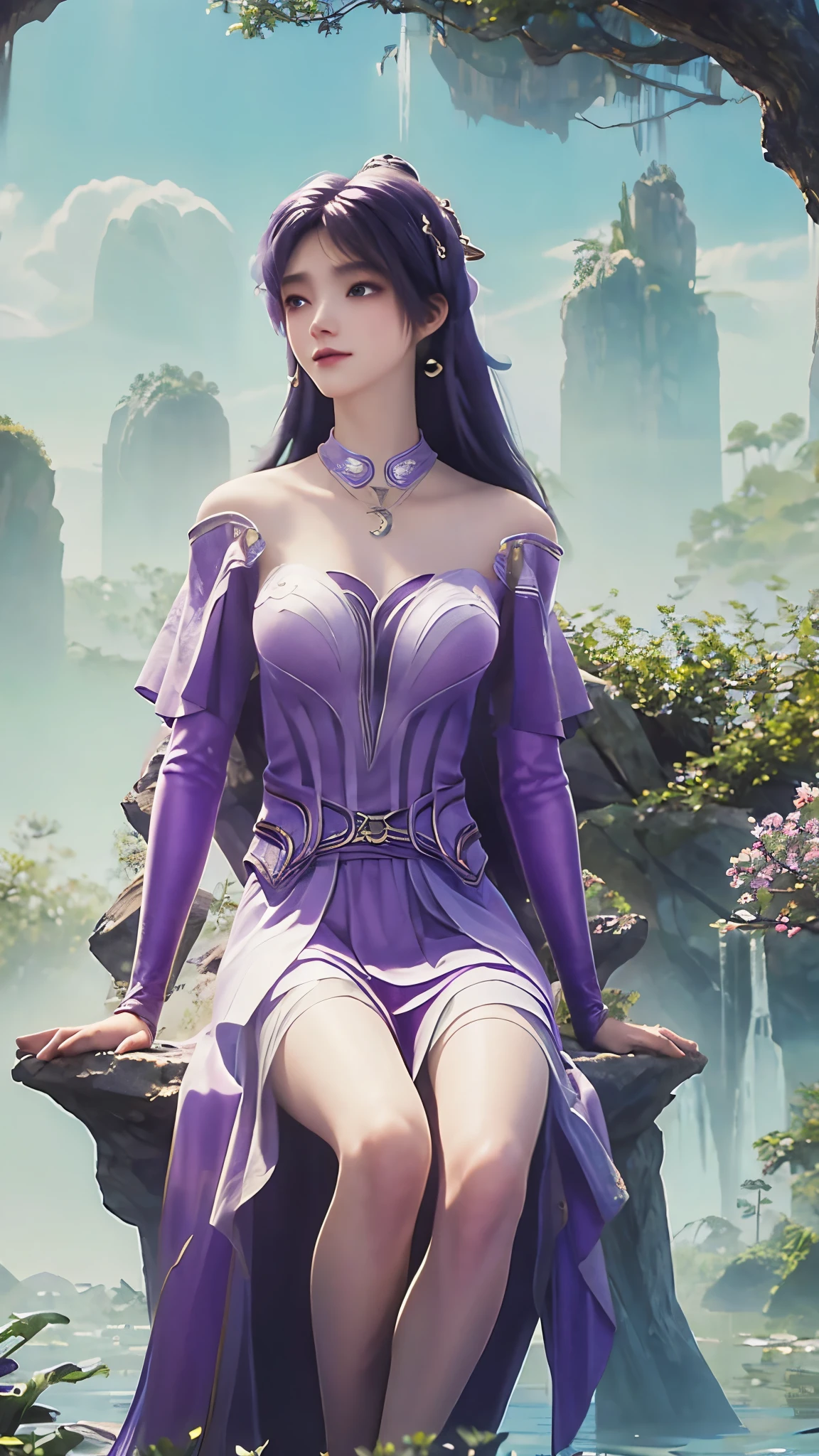 skirt, (knee shot) best quality，masterpiece，Ultra-high resolution，Clear face,（realism：1.4），RAW photos，Cold Light，woman wearing transparent skirt underwater，Wallpaper animation purple water，Purple long hair，Purple dress，Gurwitz-style artwork，A close-up fantasy of water magic，author：Yang Jie，Gurwitz，A beautiful artistic illustration，Water Nymphs，Beautiful digital art work，Beautiful digital illustrations，Li Song，A beautiful anime portrait，